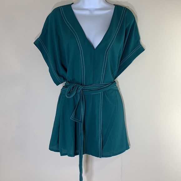 NWT. 1. State 3X Veridian Blooms Contrast Stitch Tie Waist Blouse. - Picture 2 of 9